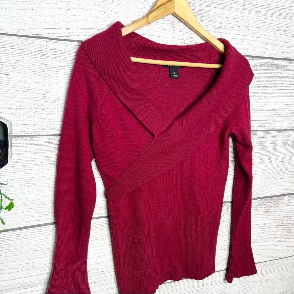 WHBM Red Cashmere Blend Wrapped Wide Collar V Neck Sweater Top Size Small - Picture 2 of 10